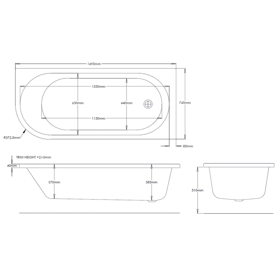 Grade A2 - J Shape Shower Bath Left Hand with Front Panel & Black Bath Screen with Towel Rail 1700 x 750mm - Jersey