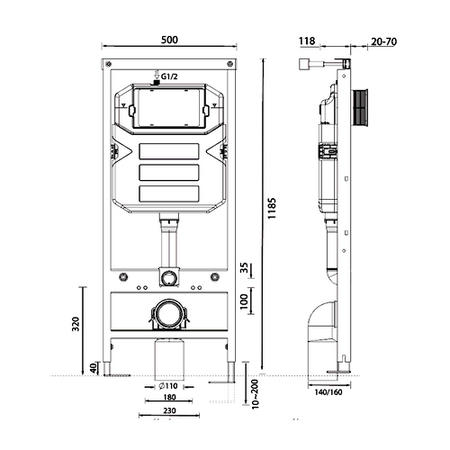 Grade A1 - Brushed Nickel Satin Flush Plate with 1180mm Wall Mounted WC Frame and Dual Flush Cistern