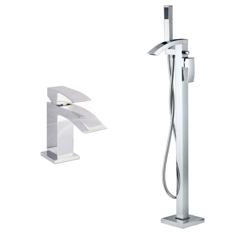 Chrome Freestanding Bath Shower Mixer and Basin Tap Set - Wave