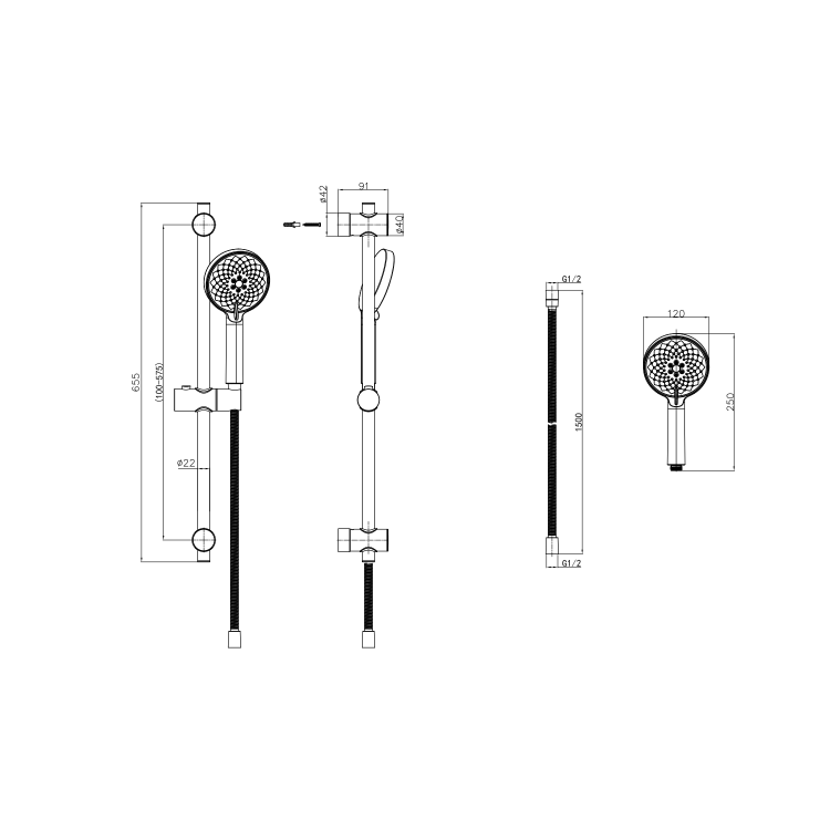 Chrome Thermostatic Round Bar Mixer Shower Set with Slide Rail Kit - Flow