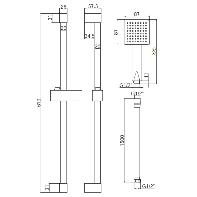 Chrome Dual Outlet Wall Mounted Thermostatic Mixer Shower Set with Hand Shower - Cube