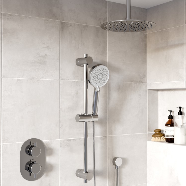 Chrome Dual Outlet Ceiling  Mounted Thermostatic Mixer Shower Set with Hand Shower - Flow