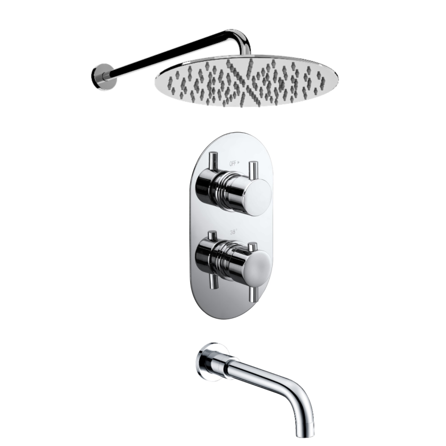 Chrome 2 Outlet Wall Mounted Thermostatic Mixer Shower Set With 300mm Shower Head and Bath Filler Spout - Flow