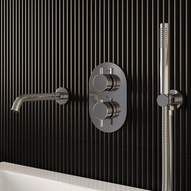 Chrome Dual Outlet Thermostatic Mixer Shower Set With Hand Shower and Pencil Bath Filler Spout - Arissa