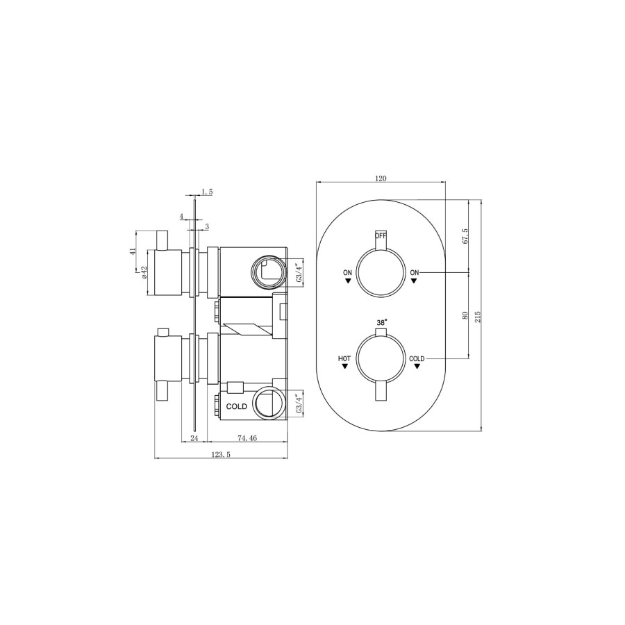 Chrome 2 Outlet Concealed Thermostatic Shower Valve with Dual Control - Flow