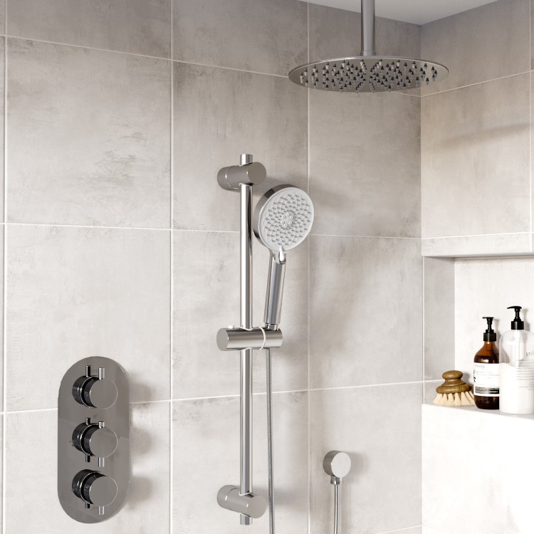 Chrome Dual Outlet Ceiling Mounted Thermostatic Mixer Shower Set with Hand Shower - Flow