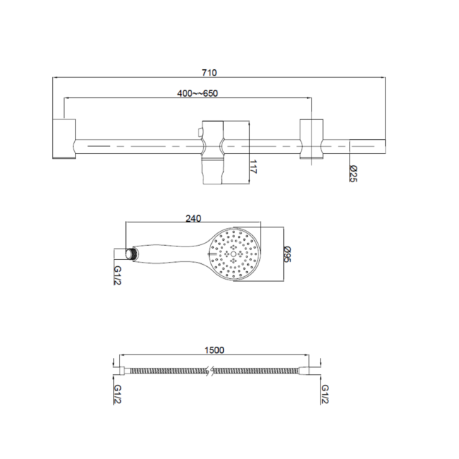 Chrome Round Easy Adjustable Height Slide Rail Kit with Hand Shower