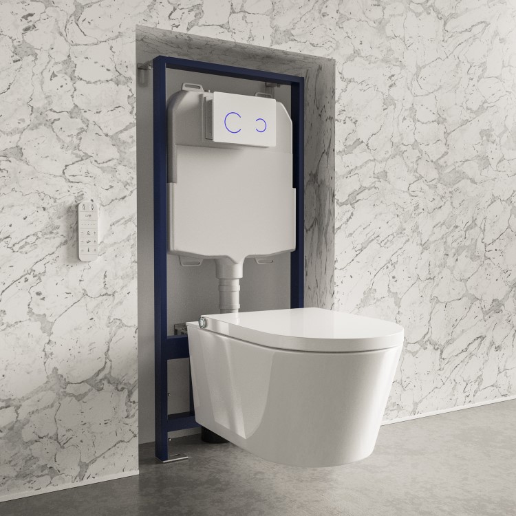 Wall Hung Smart Bidet Japanese Toilet with 1160mm Frame Cistern and White Sensor Flush Plate - Purificare