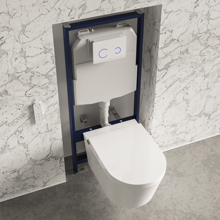 Wall Hung Smart Bidet Japanese Toilet with 1160mm Frame Cistern and White Sensor Flush Plate - Purificare