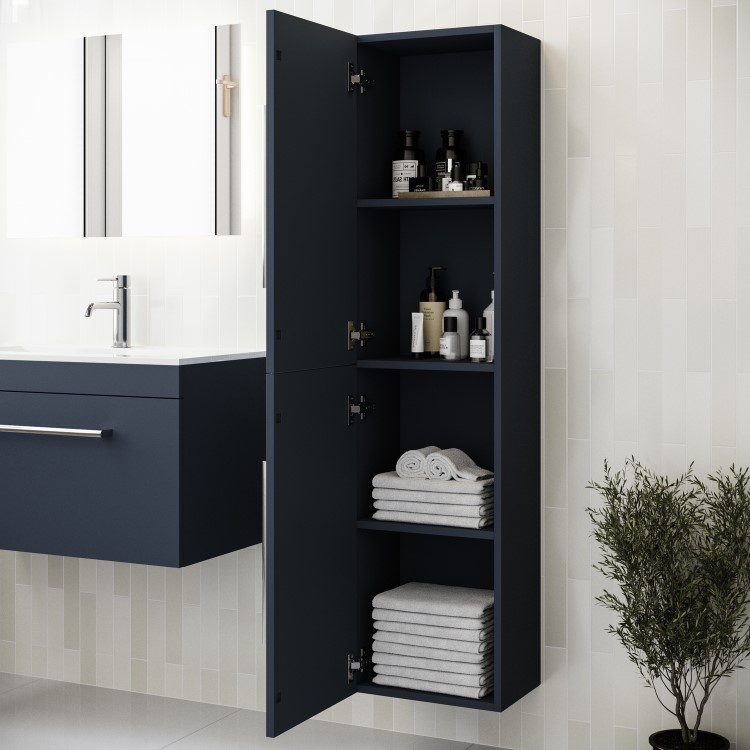 Double Door Blue Wall Mounted Tall Bathroom Cabinet with Chrome Handles 350 x 1400mm - Ashford