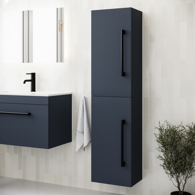 Double Door Blue Wall Mounted Tall Bathroom Cabinet with Black Handles 350 x 1400mm - Ashford