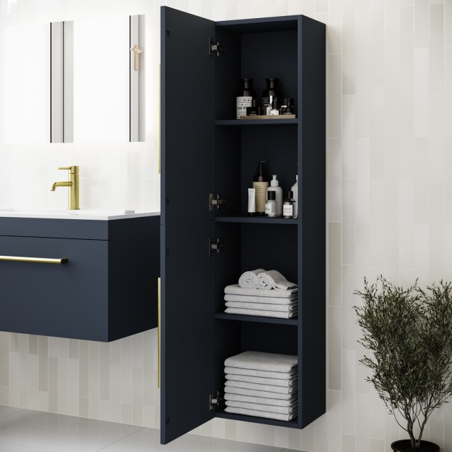 Double Door Blue Wall Mounted Tall Bathroom Cabinet with Brass Handles 350 x 1400mm - Ashford