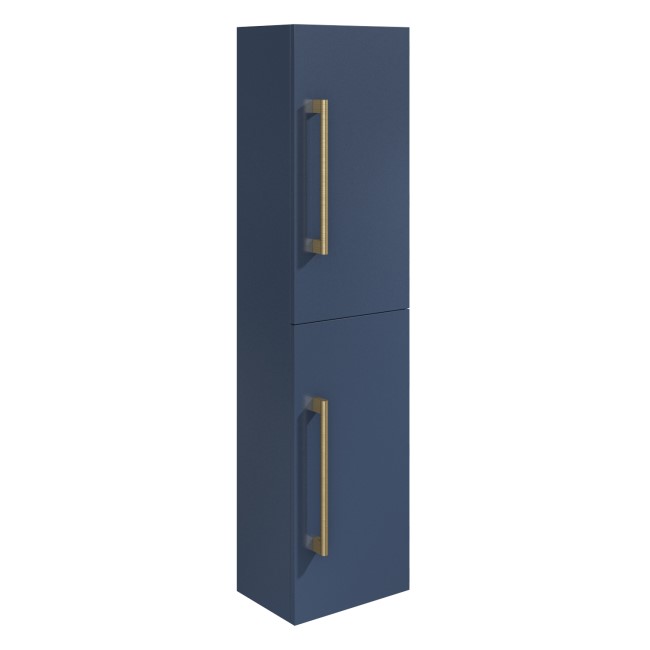 Double Door Blue Wall Mounted Tall Bathroom Cabinet with Brass Handles 350 x 1400mm - Ashford