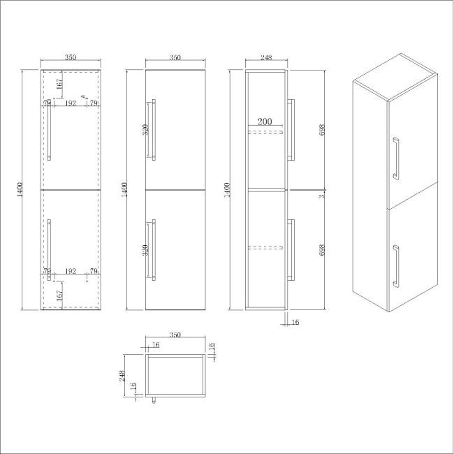 Double Door Blue Wall Mounted Tall Bathroom Cabinet with Brass Handles 350 x 1400mm - Ashford