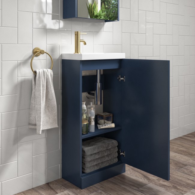 Grade A1 - 400mm Blue Cloakroom Vanity Unit with Basin and Brass Handle - Ashford