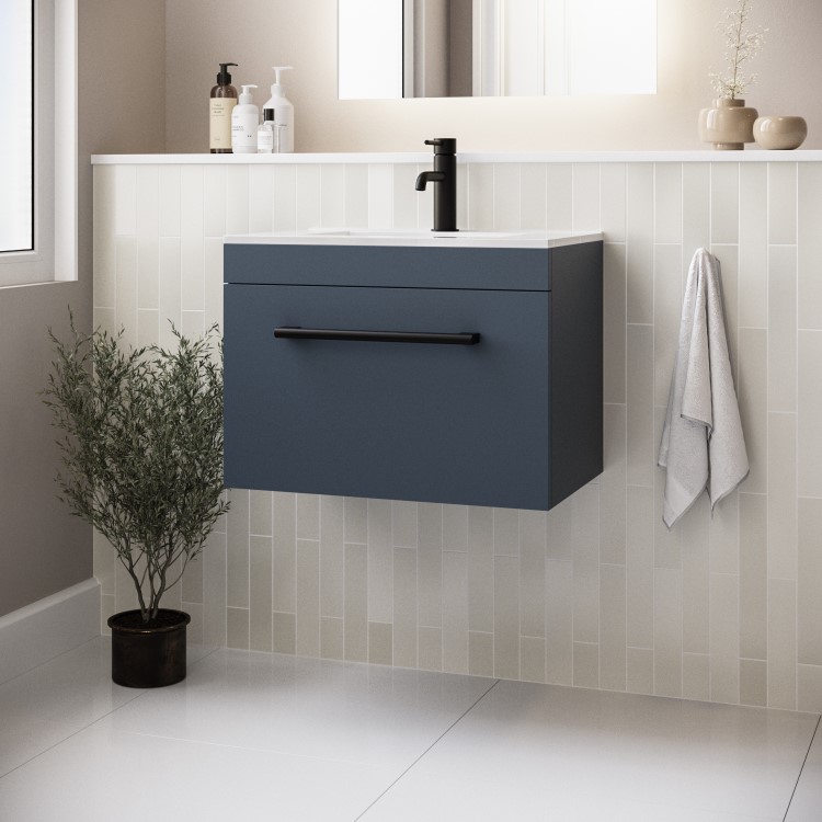 600mm Blue Wall Hung Vanity Unit with Basin and Black Handle - Ashford