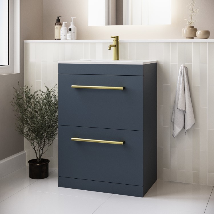 600mm Blue Freestanding Vanity Unit with Basin and Brass Handle - Ashford