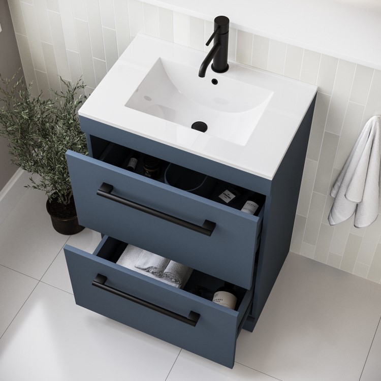 600mm Blue Freestanding Vanity Unit with Basin and Black Handle - Ashford