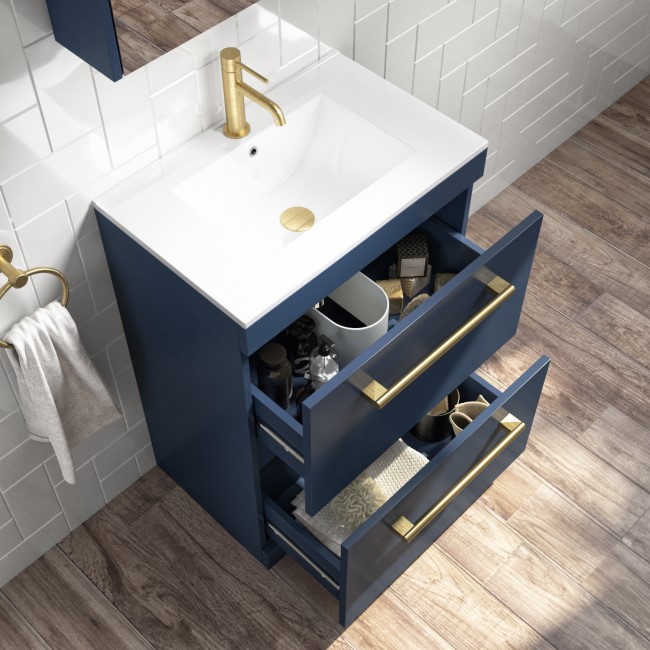 1100mm Blue Toilet and Sink Drawer Unit with Round Toilet and Brass Fittings - Ashford