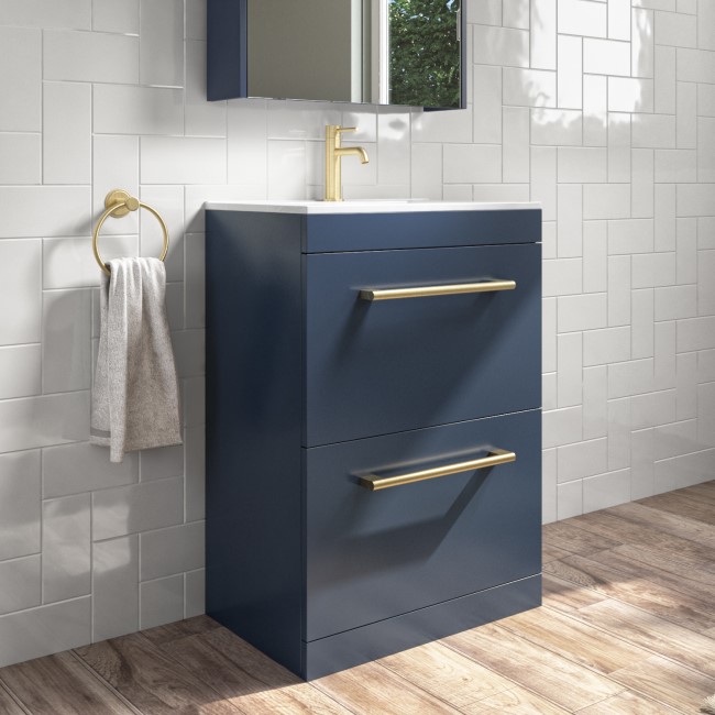 1100mm Blue Toilet and Sink Drawer Unit with Round Toilet and Brass Fittings - Ashford