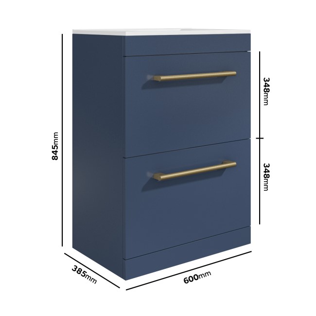 1100mm Blue Toilet and Sink Drawer Unit with Round Toilet and Brass Fittings - Ashford