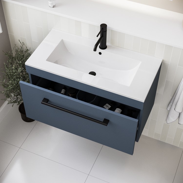 800mm Blue Wall Hung Vanity Unit with Basin and Black Handle - Ashford