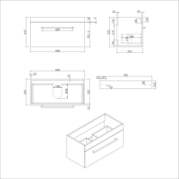 800mm Blue Wall Hung Vanity Unit with Basin and Black Handle - Ashford