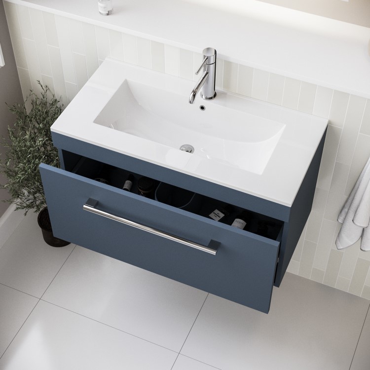 800mm Blue Wall Hung Vanity Unit with Basin and Chrome Handle - Ashford