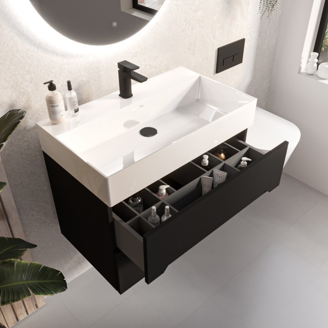 Grade A1 - 800mm Black Wall Hung Vanity Unit with Basin - Morella