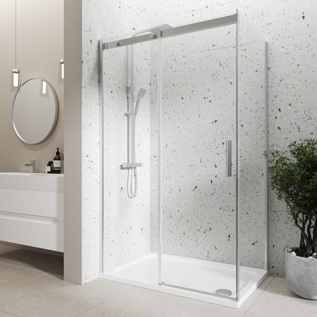 Grade A2 - Chrome 8mm Glass Frameless Rectangular Sliding Shower Enclosure with Shower Tray 1200x900mm - Aquila