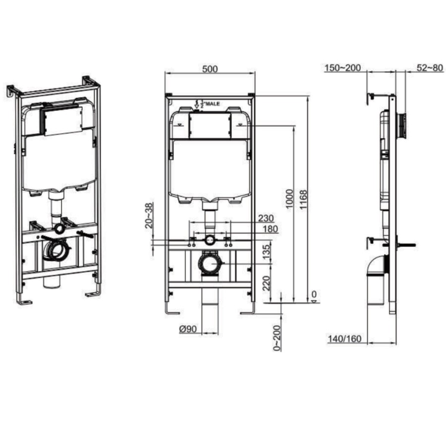 Grade A1 - Concealled Cistern with 1168mm Wall Hung Toilet Frame and Black Glass Dual Sensor Flush Plate  - Purficare