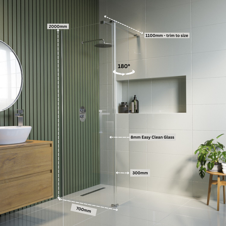 700mm Chrome Shower Screen for Wetroom & Walk In Shower with 300mm Hinged Flipper Panel - Corvus