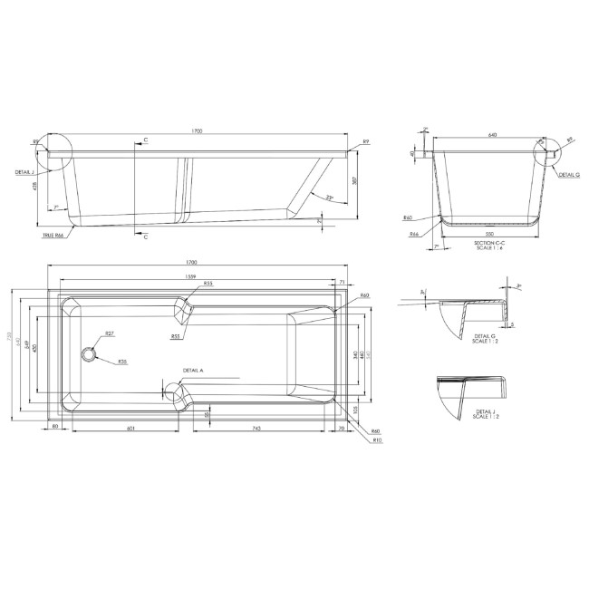 Single Ended Shower Bath with Front Panel & Brass Bath Screen 1700 x 750mm - Cotswold