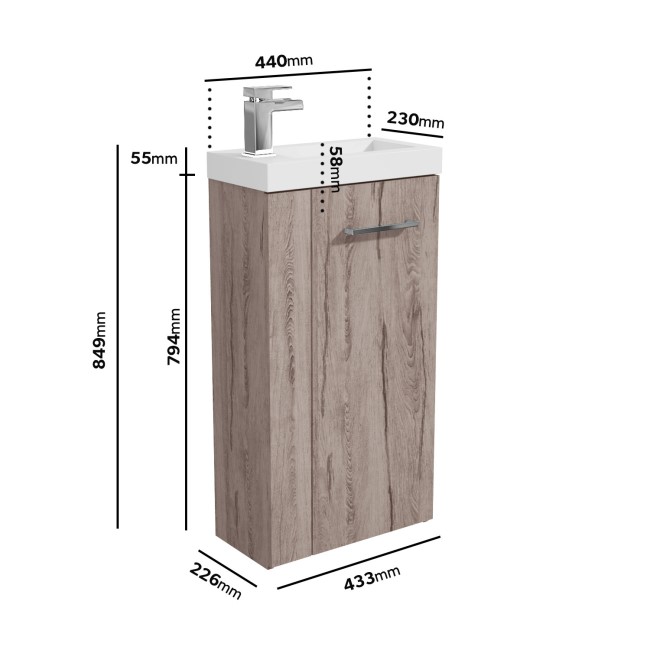 430mm Wood Effect  Freestanding Cloakroom Vanity Unit with Basin and Chrome Handle - Virgo