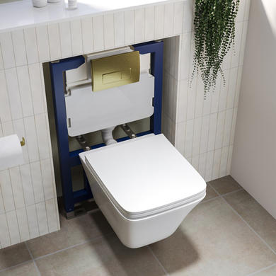 Wall Hung Toilet with Soft Close Seat Brushed Brass Pneumatic Flush Plate 820mm Frame & Cistern - Boston