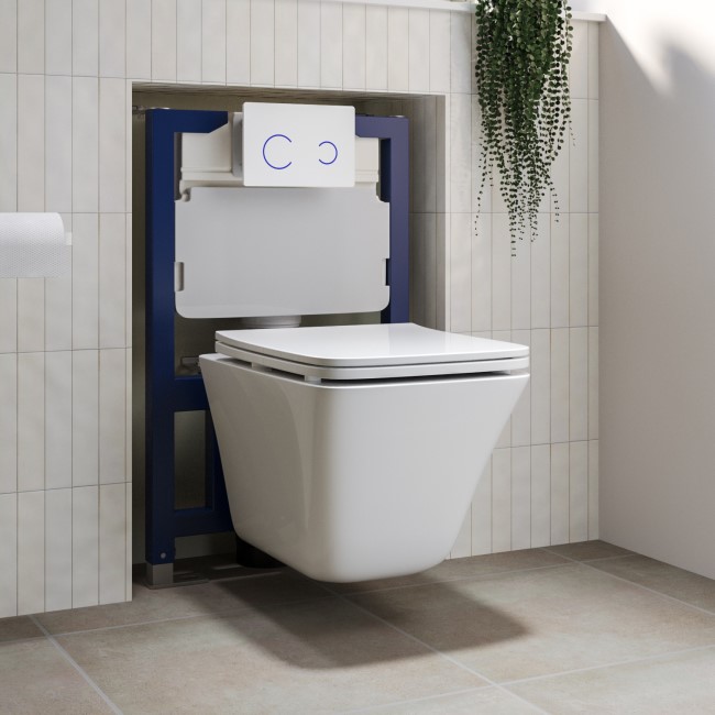 Wall Hung Toilet with Soft Close Seat White Glass Sensor Pneumatic Flush Plate 820mm Frame & Cistern - Boston