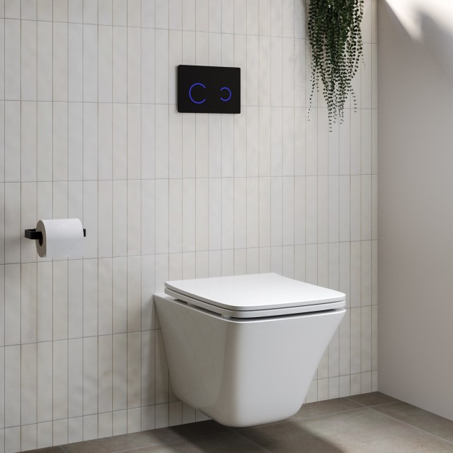 Wall Hung Toilet with Soft Close Seat Black Glass Sensor Pneumatic Flush Plate 1160mm Frame & Cistern - Boston