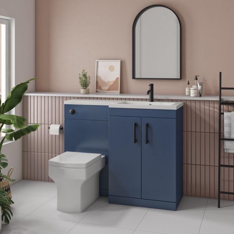 1100mm Blue Toilet and Sink Unit Right Hand with Square Toilet and Black Fittings - Ashford