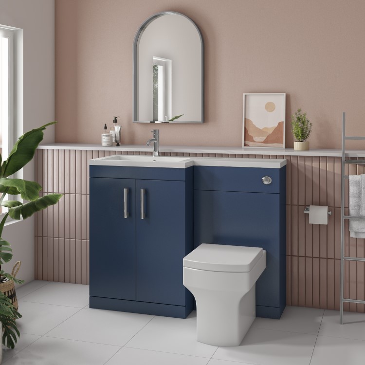 1100mm Blue Toilet and Sink Unit Left Hand with Square Toilet and Chrome Fittings - Ashford