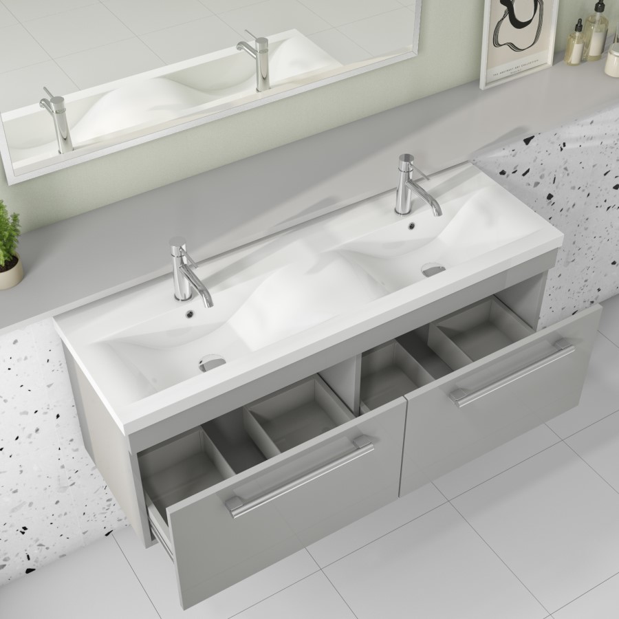 1200mm Grey Wall Hung Double Vanity Unit with Basin and Chrome Handles - Ashford 