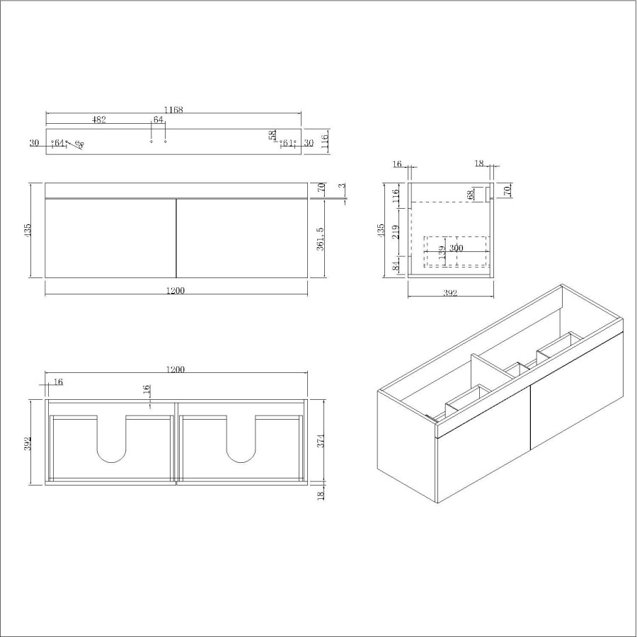 1200mm Grey Wall Hung Double Vanity Unit with Basin and Chrome Handles - Ashford 