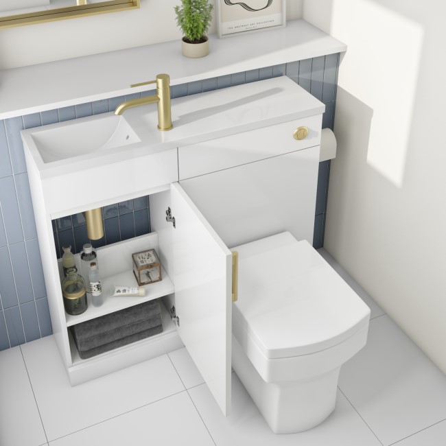 900mm White Cloakroom Toilet and Sink Unit with Square Toilet and Brass Fittings - Ashford