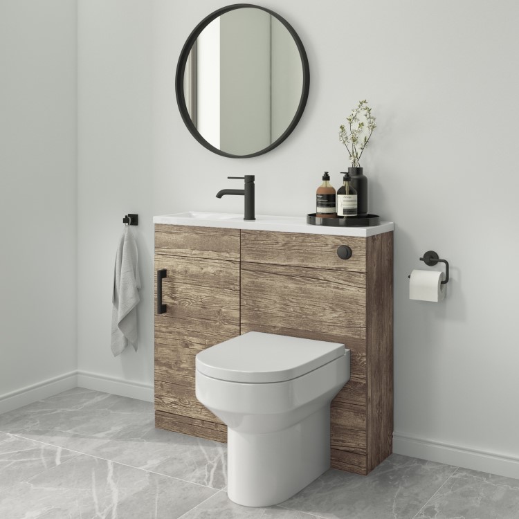 900mm Wood Effect Cloakroom Toilet and Sink Unit only with Black Fittings - Ashford