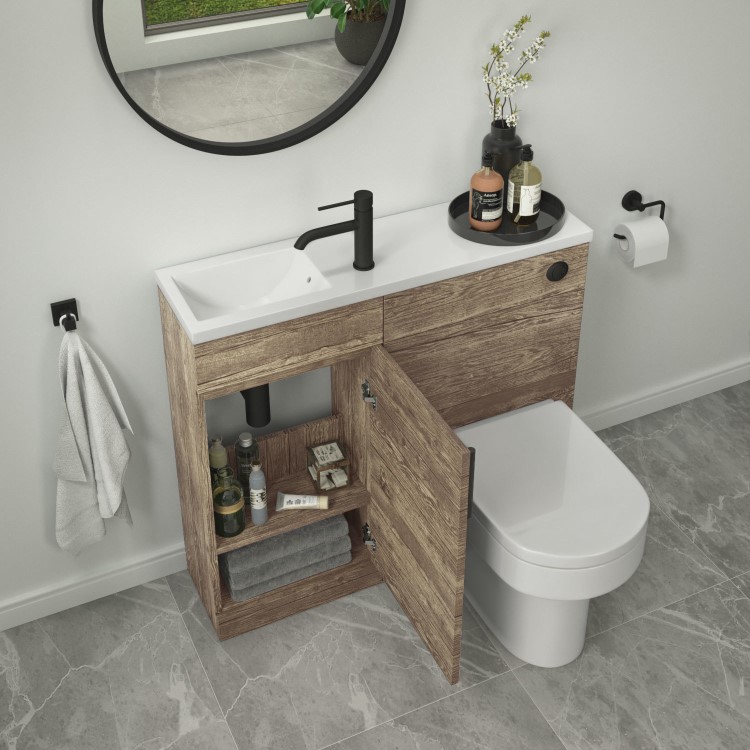 900mm Wood Effect Cloakroom Toilet and Sink Unit only with Black Fittings - Ashford