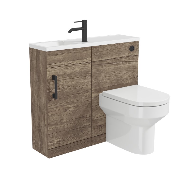 900mm Wood Effect Cloakroom Toilet and Sink Unit only with Black Fittings - Ashford