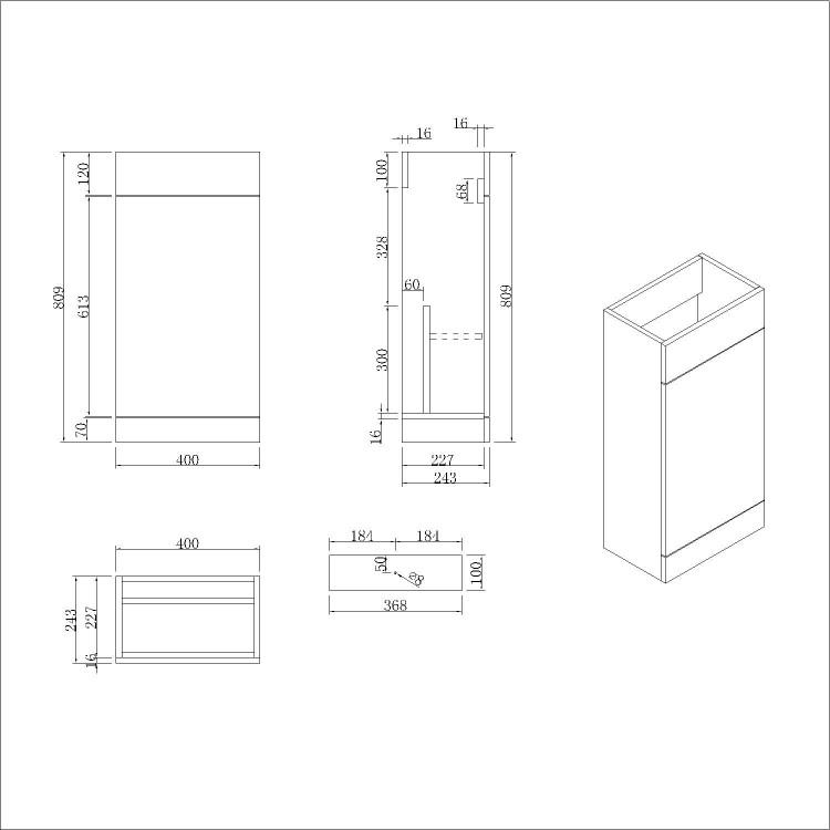 900mm Wood Effect Cloakroom Toilet and Sink Unit only with Black Fittings - Ashford