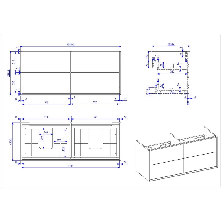 1200mm Concrete Effect Wall Hung Double Basin Vanity Unit with Cabinet and Mirror - Arragon