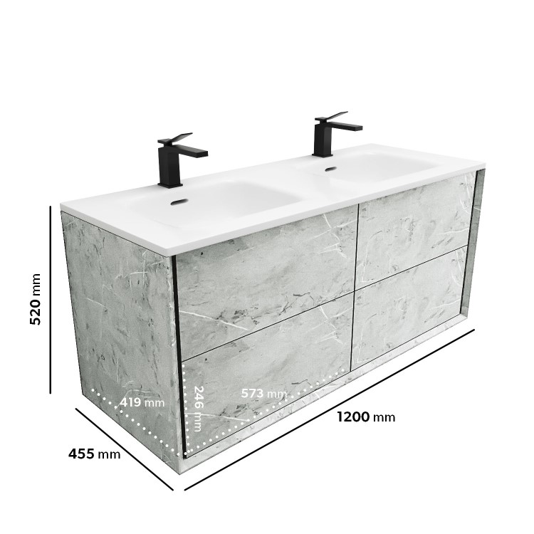 1200mm Concrete Effect Wall Hung Double Basin Vanity Unit with Cabinet and Mirror - Arragon