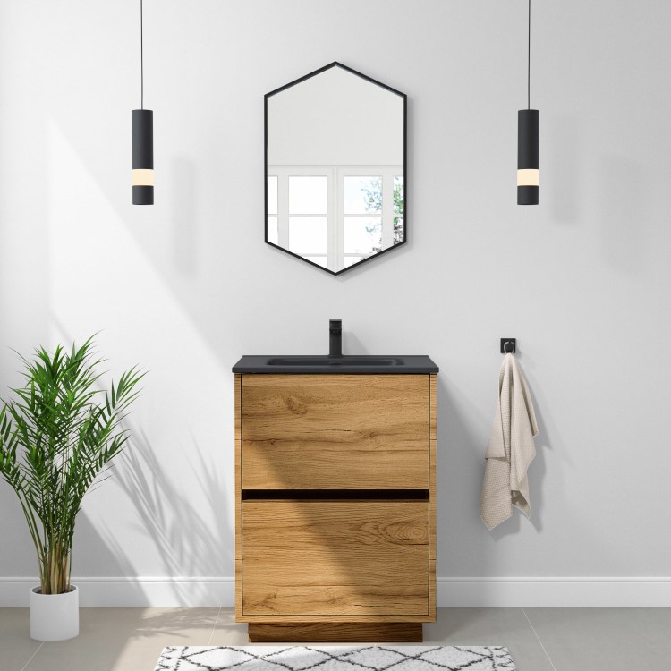 Grade A1 - 600mm Wood Effect Freestanding Vanity Unit with Matt Black Basin - Roxbi