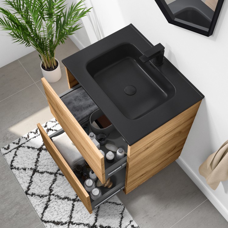 Grade A1 - 600mm Wood Effect Freestanding Vanity Unit with Matt Black Basin - Roxbi